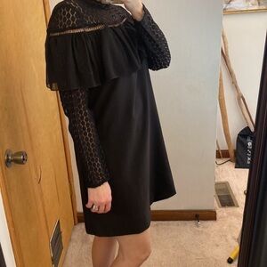 kensie Black Long Lace Sleeve Ruffle Collar Mini Shift Dress